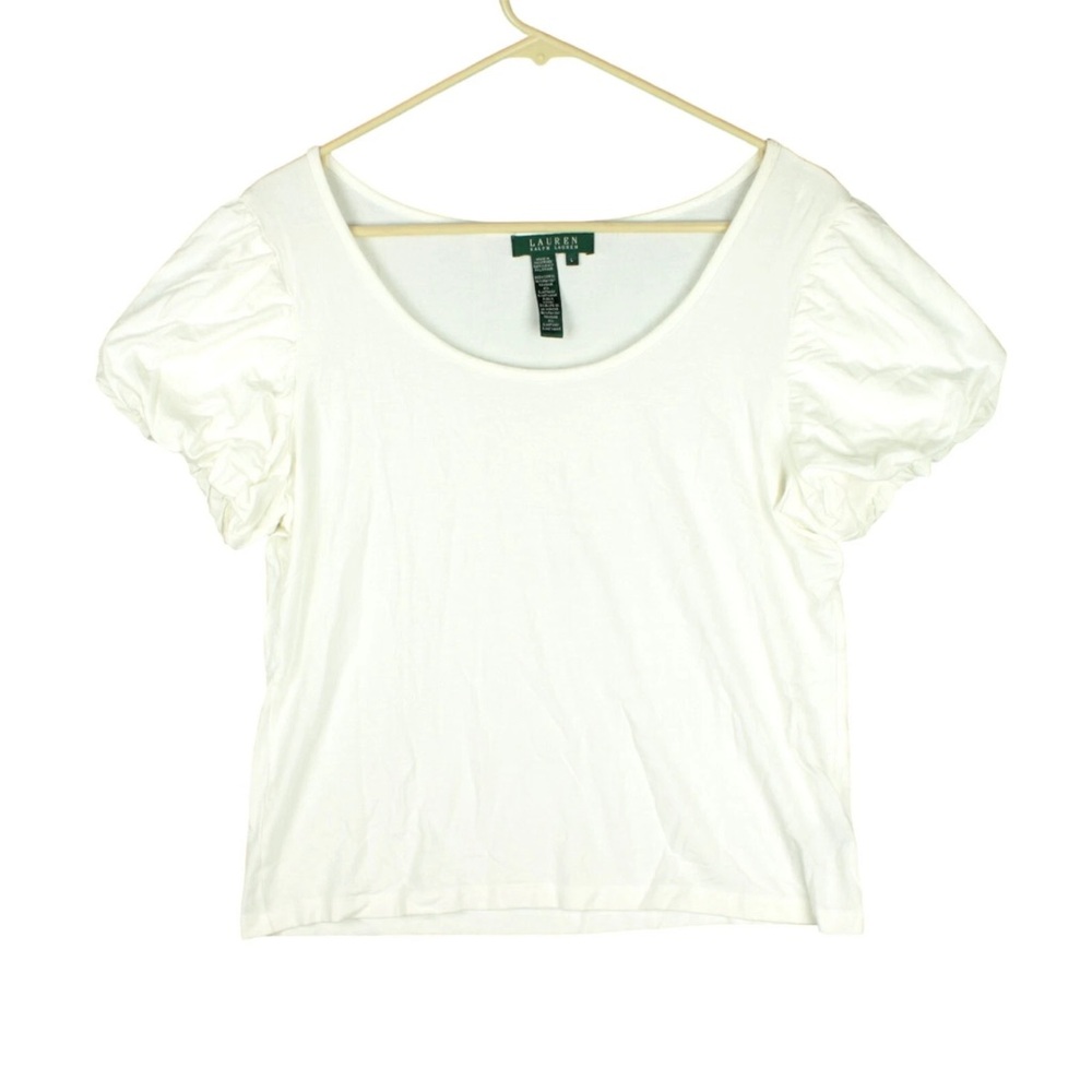 Lauren Ralph Lauren Women T Shirt Top Size L White Puff Sleeve Scoop Neck